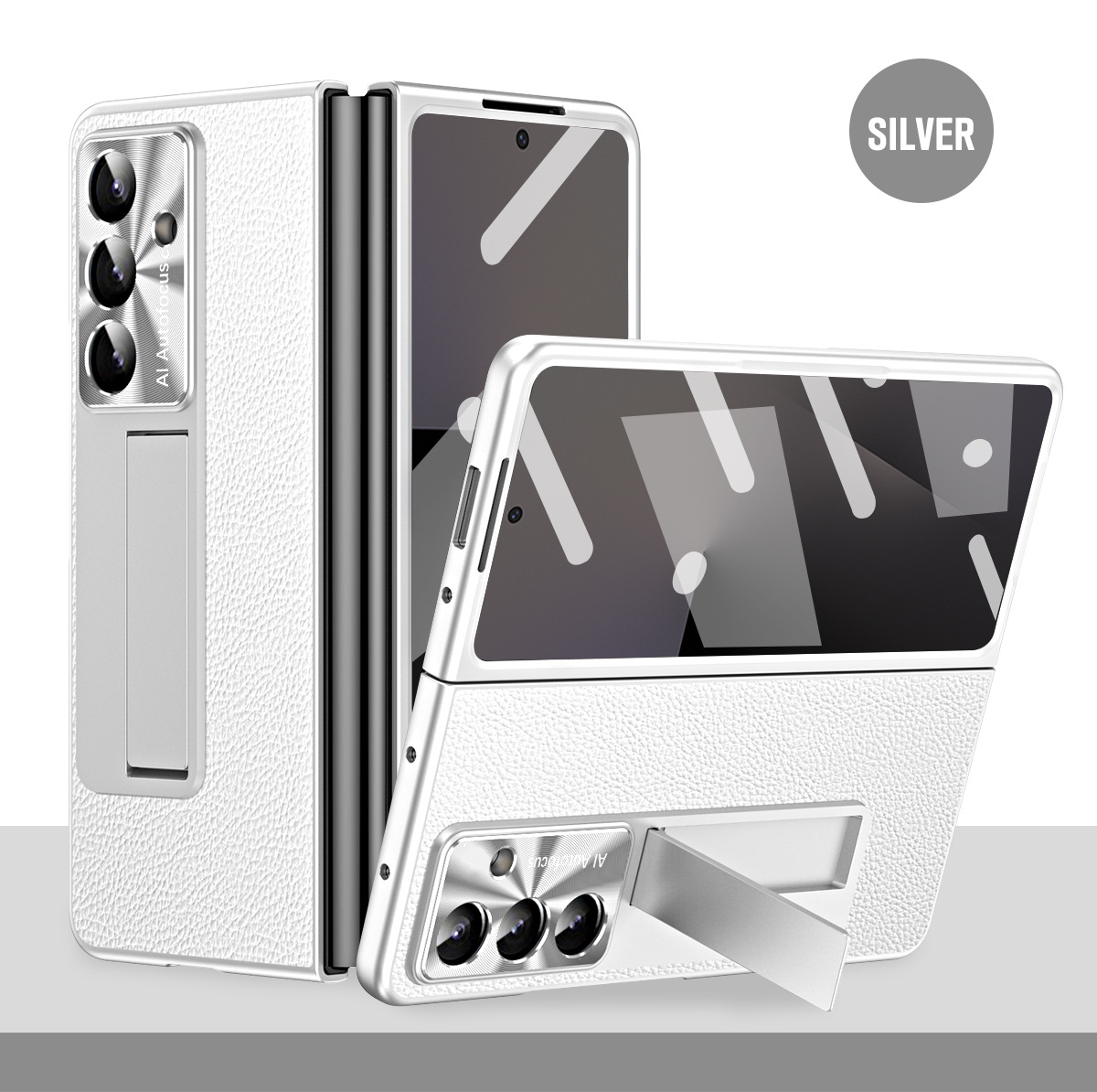 Compatible with Samsung Zfold7 phone case, FOLD6 foldable screen protective case, vegan leather solid color case, integrated anti-drop case - Silver Lychee Pattern Samsung Z Fold7 5G
