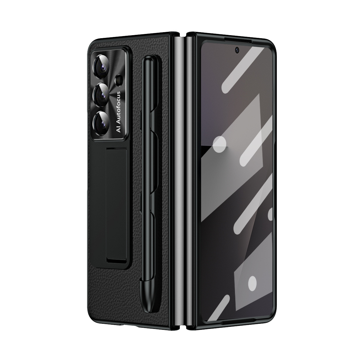 Compatible with Samsung Zfold7 phone case, FOLD6 foldable screen protective case, vegan leather pen groove case, integrated screen protector, shockproof case - Black lychee-patterned pen groove Samsung Z Fold7 5G