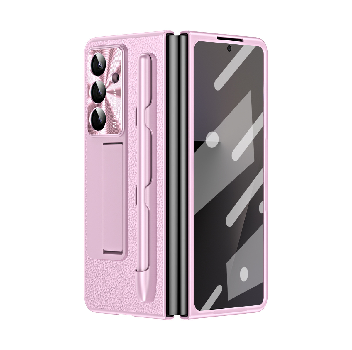 Compatible with Samsung Zfold7 phone case, FOLD6 foldable screen protective case, vegan leather pen groove case, integrated screen protector, shockproof case - Pink lychee-patterned pen slot Samsung Z Fold7 5G