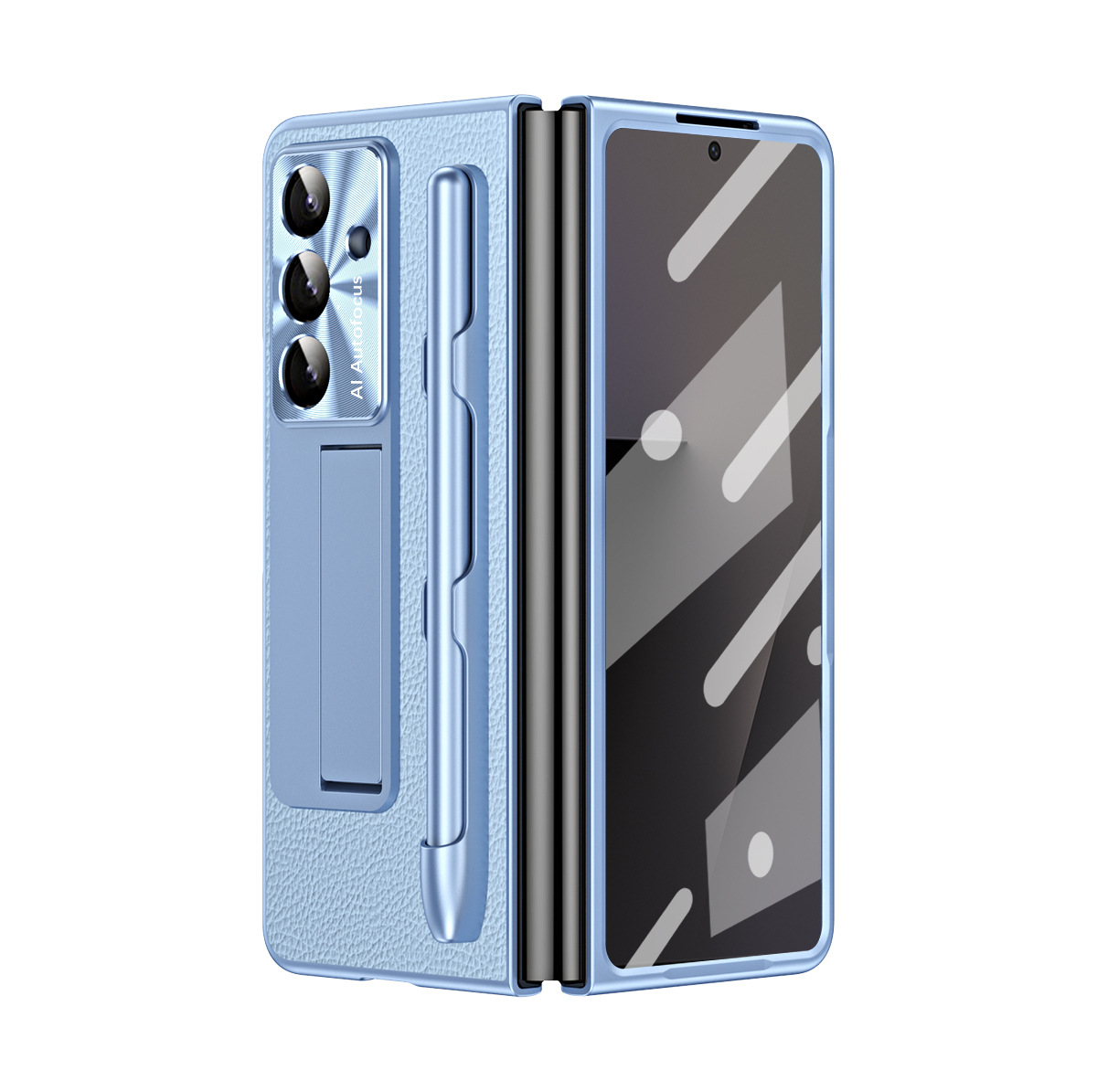 Compatible with Samsung Zfold7 phone case, FOLD6 foldable screen protective case, vegan leather pen groove case, integrated screen protector, shockproof case - Sky blue lychee-patterned pen groove Samsung Z Fold7 5G