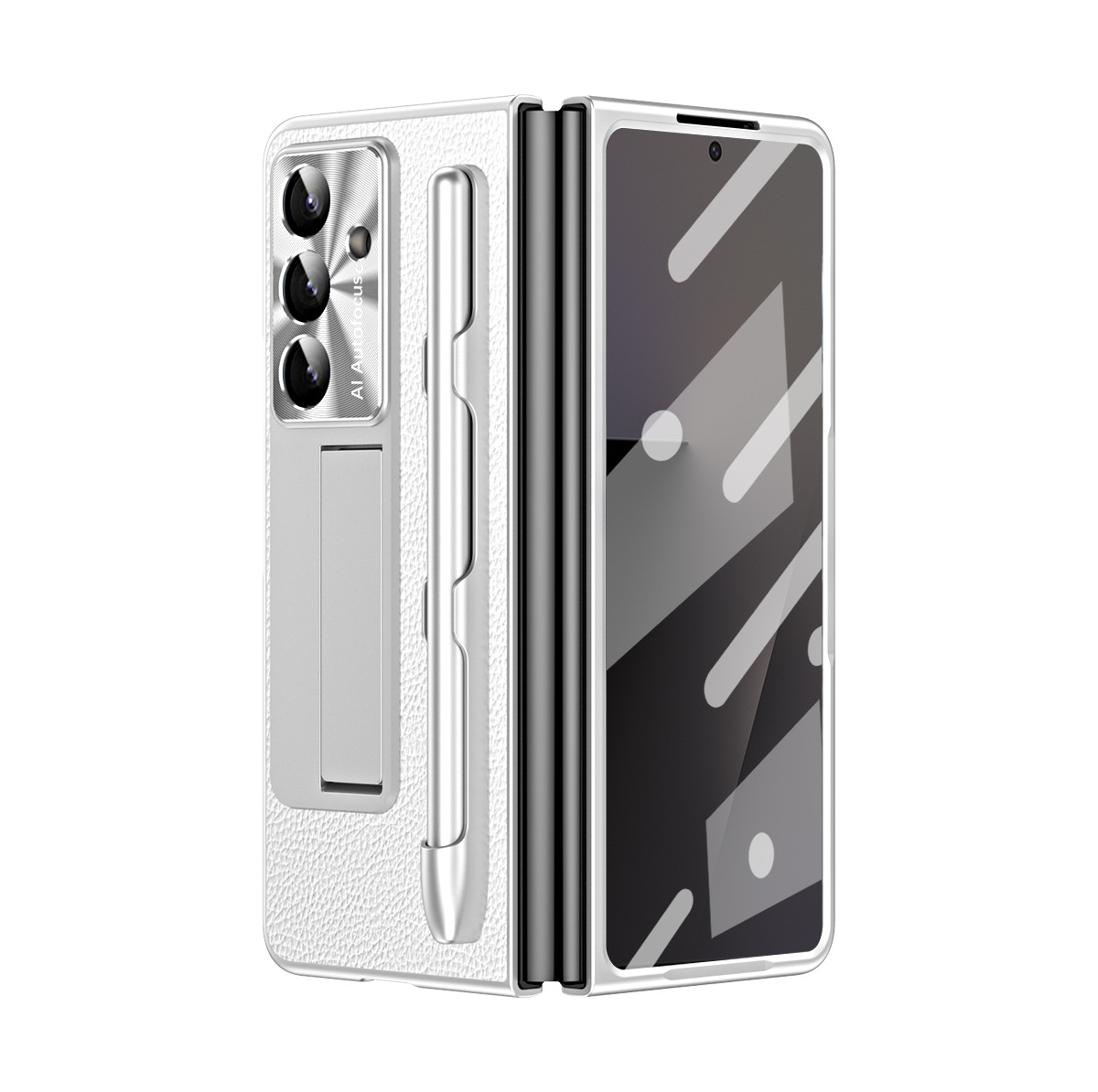 Compatible with Samsung Zfold7 phone case, FOLD6 foldable screen protective case, vegan leather pen groove case, integrated screen protector, shockproof case - Silver lychee-patterned pen slot Samsung Z Fold7 5G