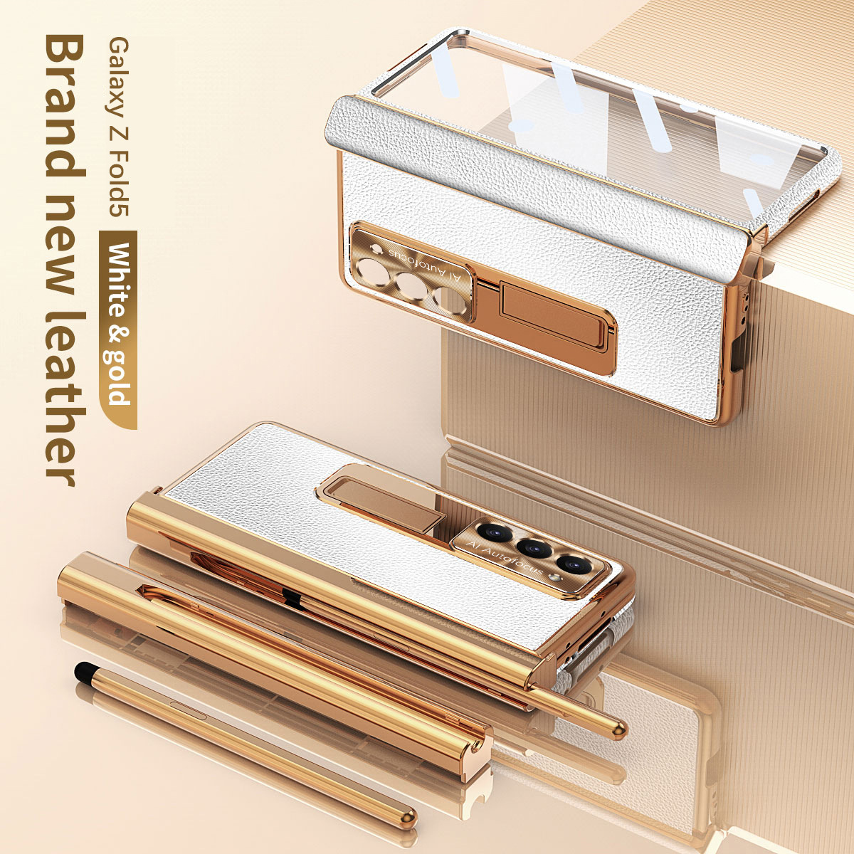Compatible with Samsung Zfold 5 phone case, magnetic hinge, vegan leather, FOLD4 folding shockproof protective case, pen slot business - Gold Helmet and Silver Armor with Lychee Pattern Samsung Zfold 5