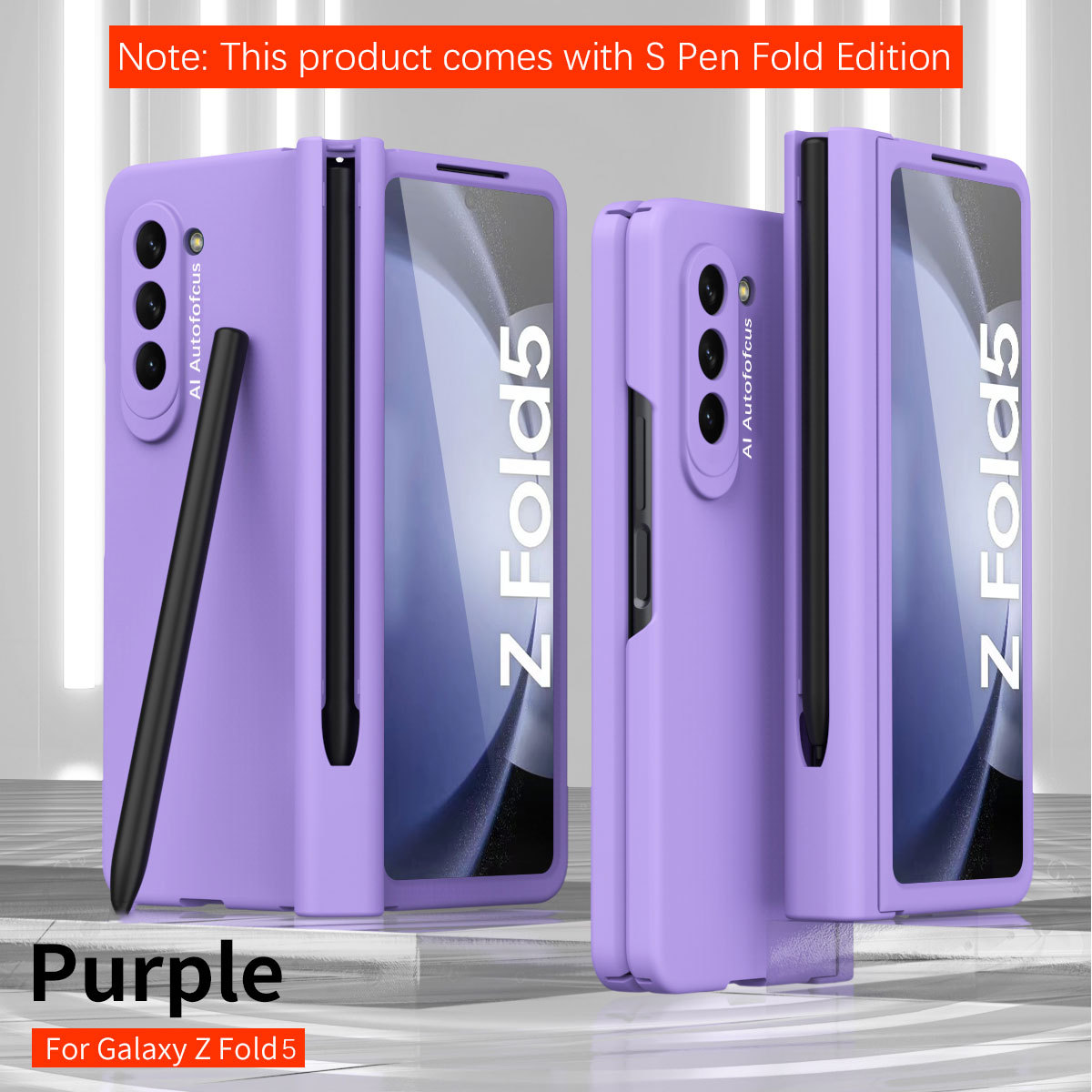 Compatible with Samsung Zfold 5 phone case with stylus slot, FOLD4 ultra-thin fold 3 solid color full-coverage protective case, stylus pen. - Purple pen slot (fine hole) Samsung Z Fold 5