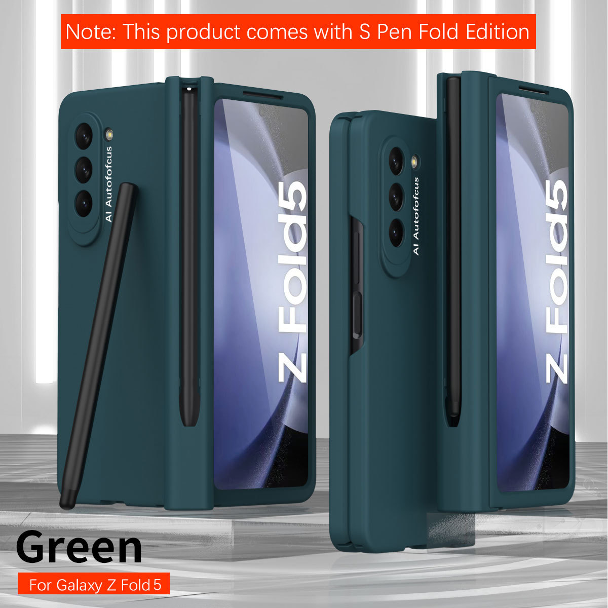 Compatible with Samsung Zfold 5 phone case with stylus slot, FOLD4 ultra-thin fold 3 solid color full-coverage protective case, stylus pen. - Green pen slot (fine hole) Samsung Z Fold 5