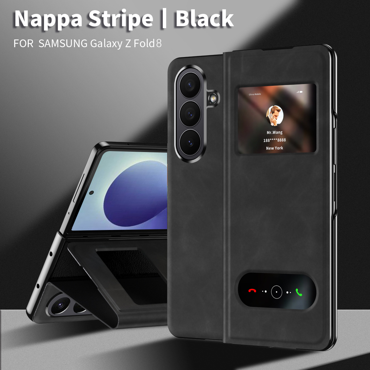 Compatible Samsung ZFold 8 Ultra phone case, FOLD8 folding protective case, vegan leather business full-coverage shockproof case - Black Nappa Texture Samsung Z Fold 8UTRLA