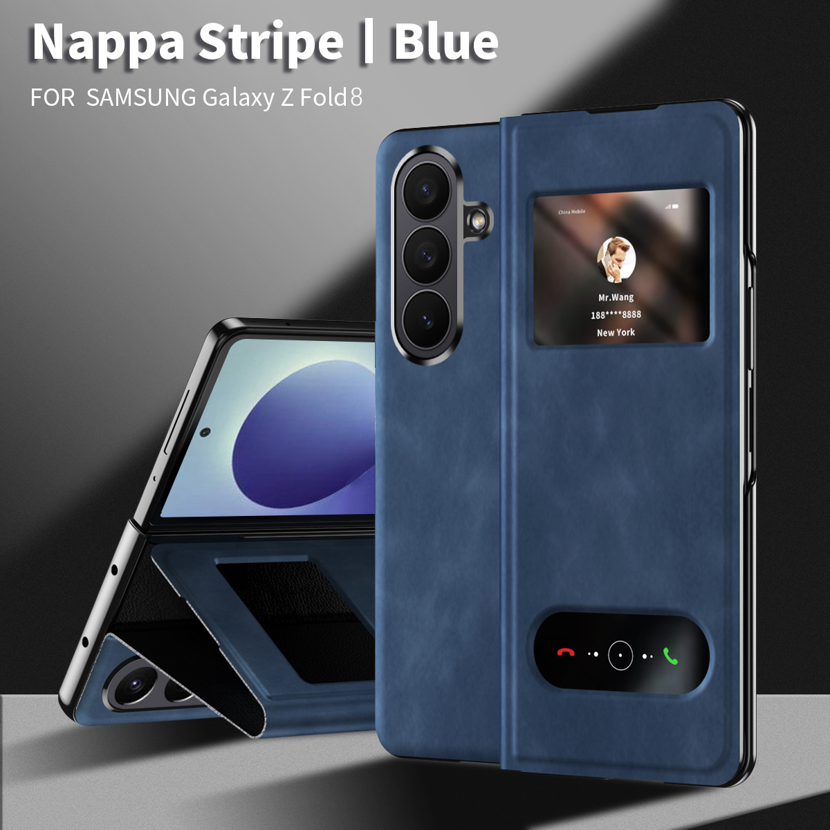 Compatible Samsung ZFold 8 Ultra phone case, FOLD8 folding protective case, vegan leather business full-coverage shockproof case - Sapphire Blue Nappa Texture Samsung Z Fold 8UTRLA