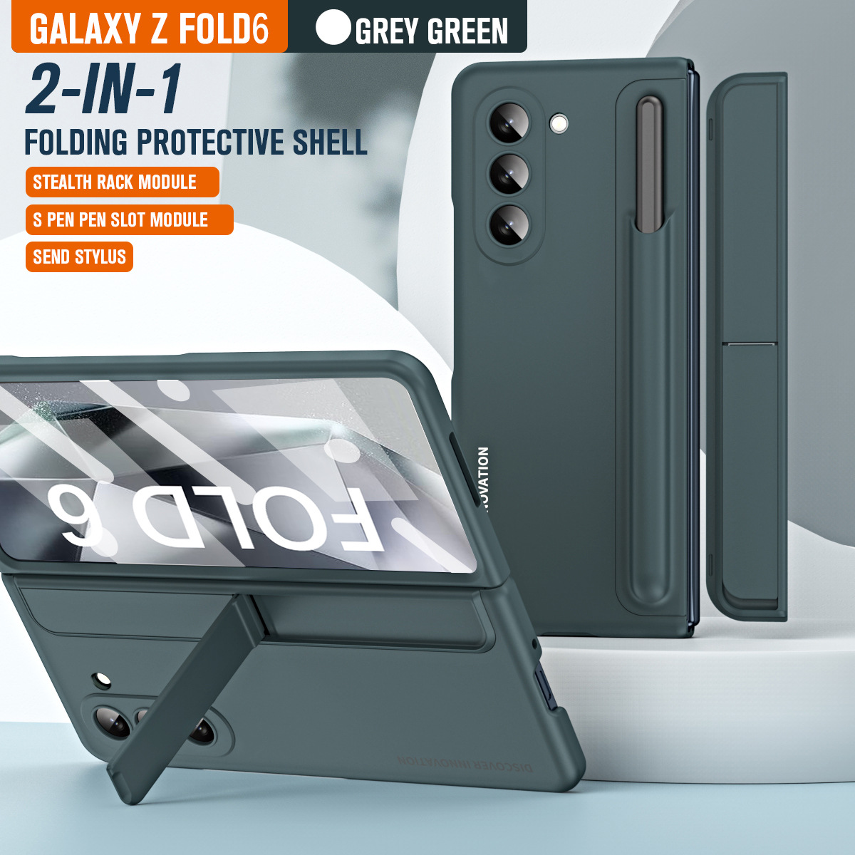 Samsung ZFold 6 phone case, FOLD5 foldable screen pen holder 2-in-1 full-coverage drop-proof protective case. - Gray-green 2-in-1 Fold 6