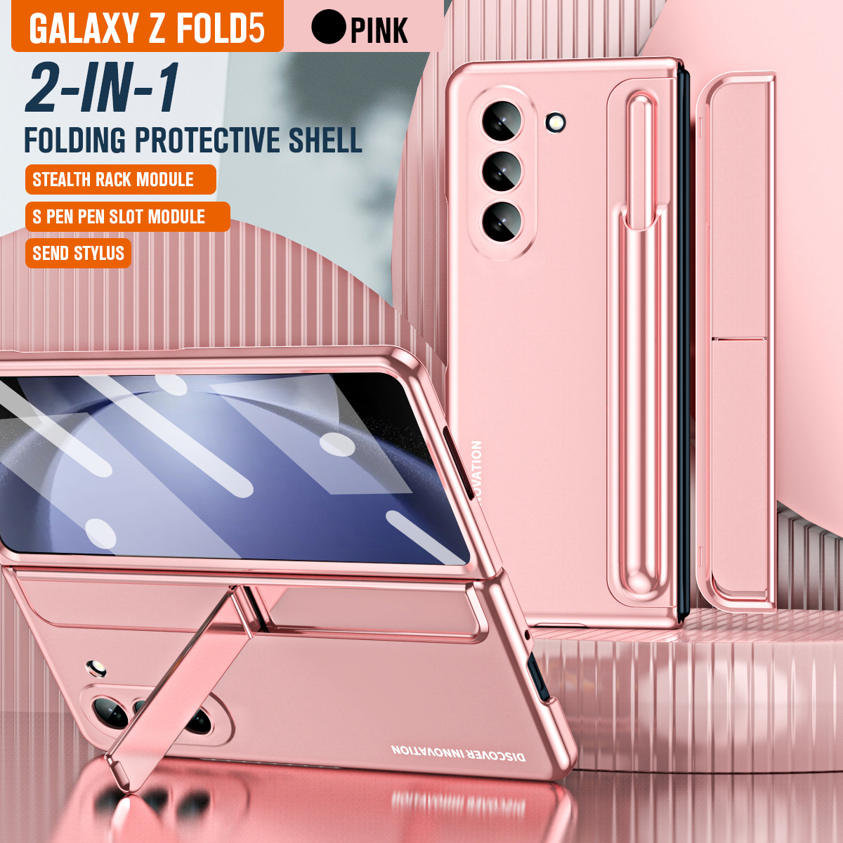 Compatible with Samsung Fold 5 phone case, FOLD4 foldable screen pen slot stand, full hinge bag, drop-proof protective case. - Pink 2-in-1 FOLD5