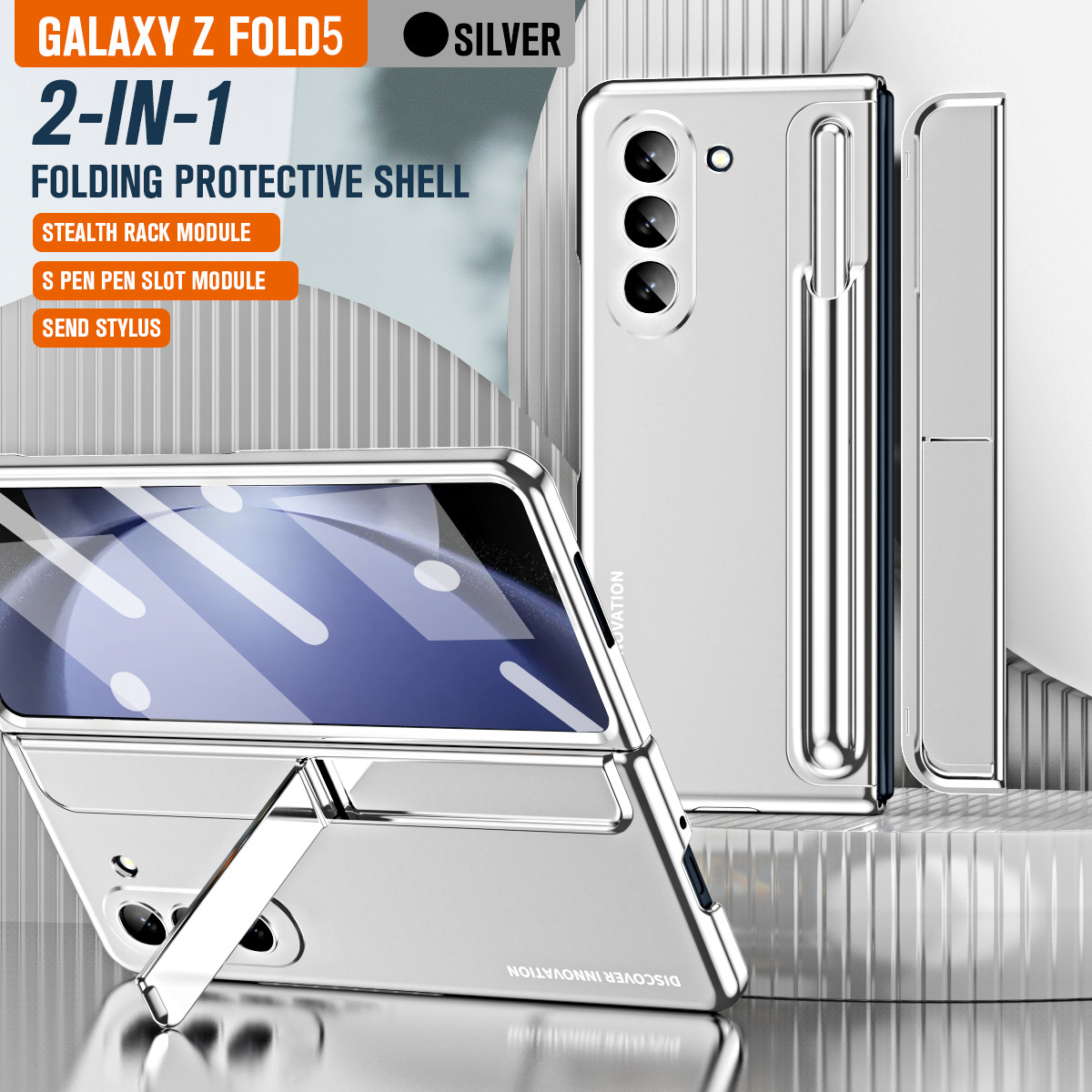 Compatible with Samsung Fold 5 phone case, FOLD4 foldable screen pen slot stand, full hinge bag, drop-proof protective case. - Silver 2-in-1 FOLD5