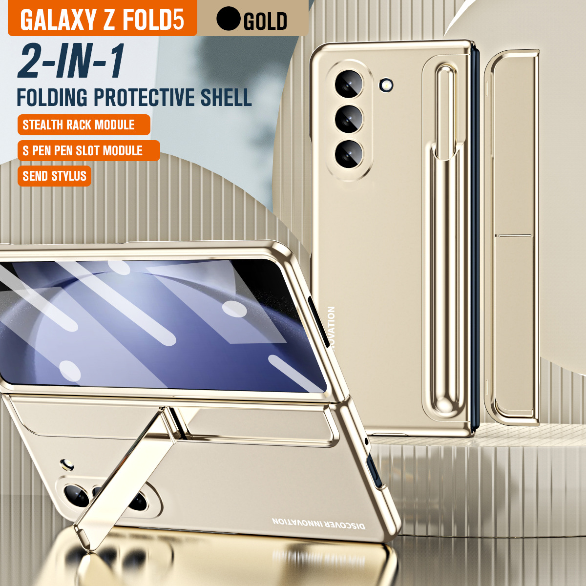 Compatible with Samsung Fold 5 phone case, FOLD4 foldable screen pen slot stand, full hinge bag, drop-proof protective case. - Gold 2-in-1 FOLD5
