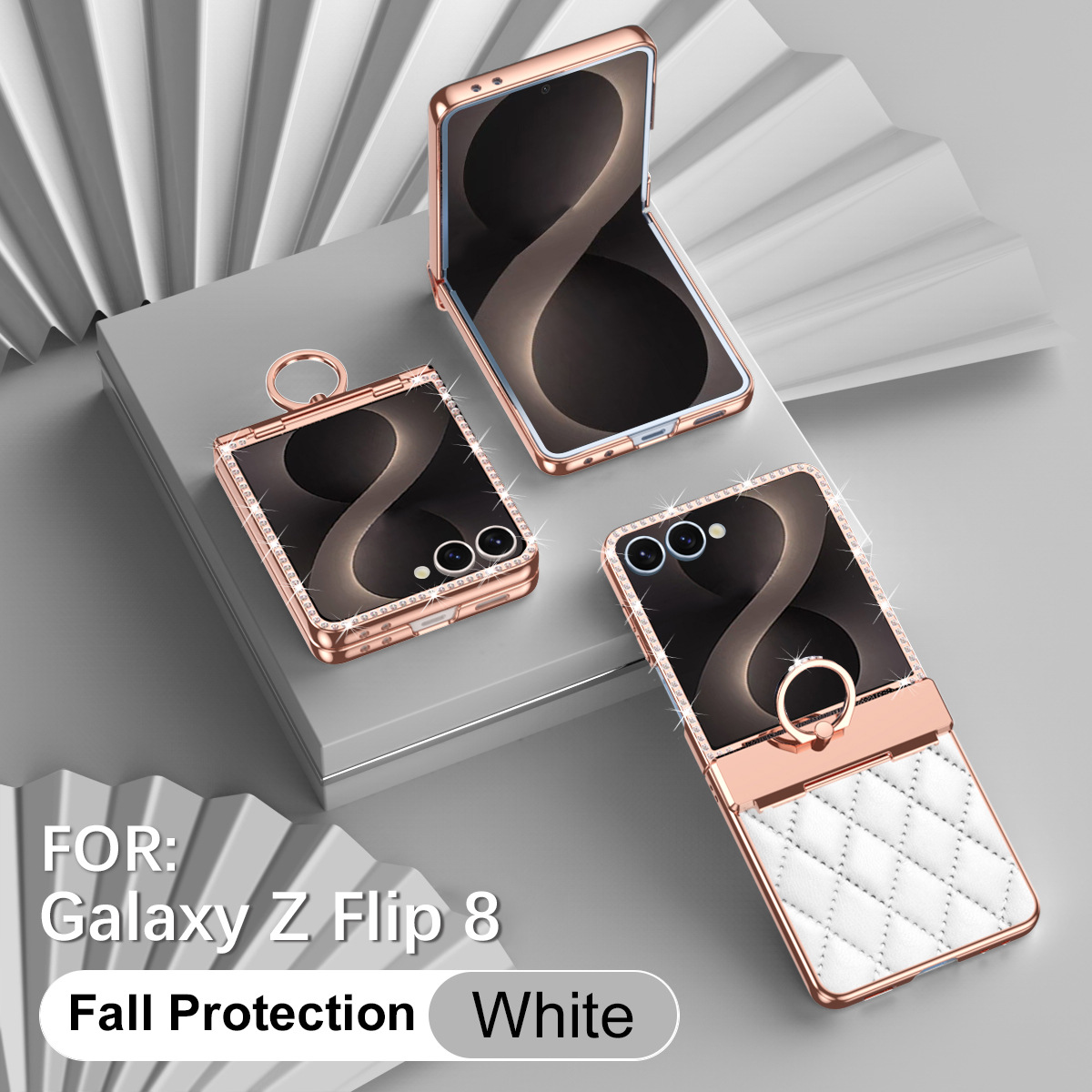 Compatible with Samsung ZFlip 8 phone case, ZFLIP 7 foldable screen diamond-patterned hinge full-coverage drop-proof protective case - White without film zflip8