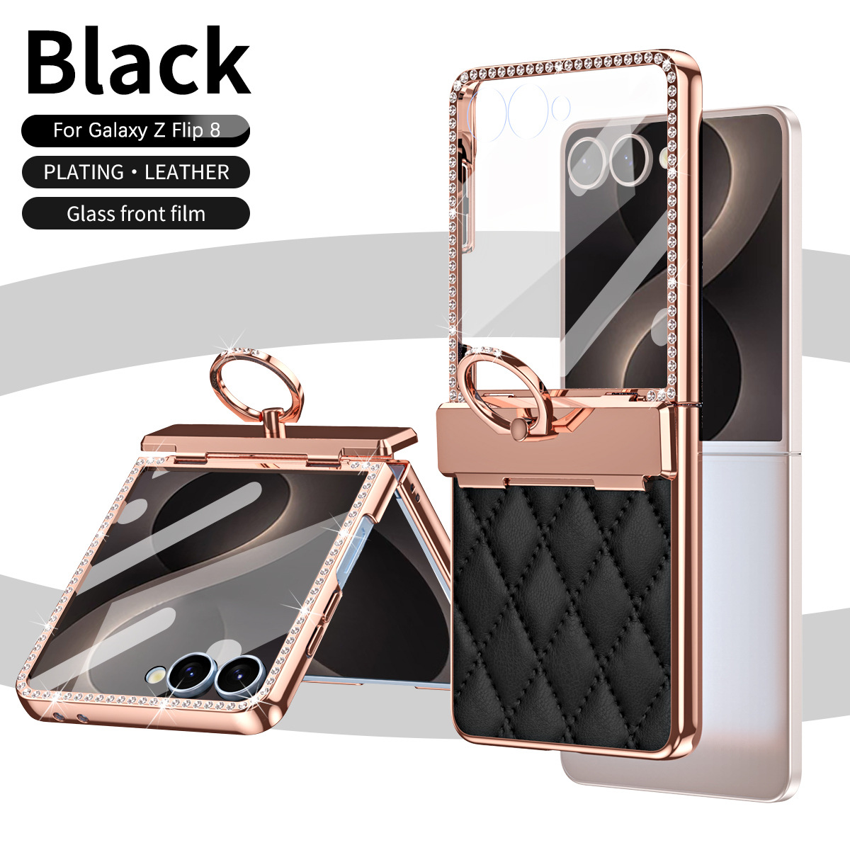 Compatible with Samsung ZFlip 8 phone case, ZFLIP 7 foldable screen diamond-patterned hinge full-coverage drop-proof protective case - Black with film zflip8