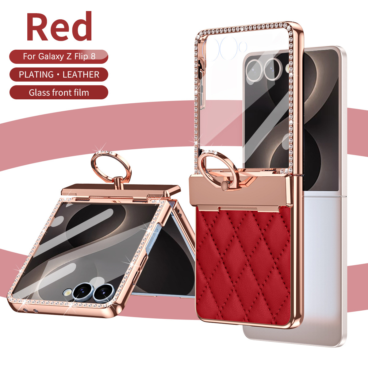 Compatible with Samsung ZFlip 8 phone case, ZFLIP 7 foldable screen diamond-patterned hinge full-coverage drop-proof protective case - Red with film zflip8