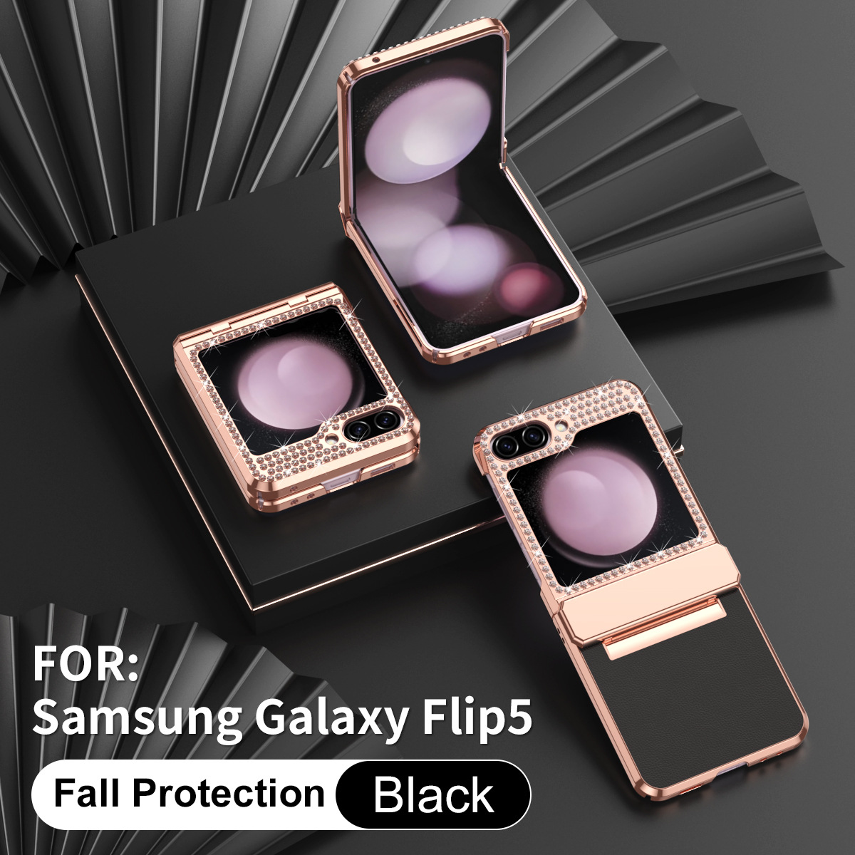 Compatible with Samsung ZFlip FE phone case, ZFLIP 6 foldable screen diamond leather hinge full-coverage drop protection leather - Black Crystalline zflip6 & ZFlip7FE
