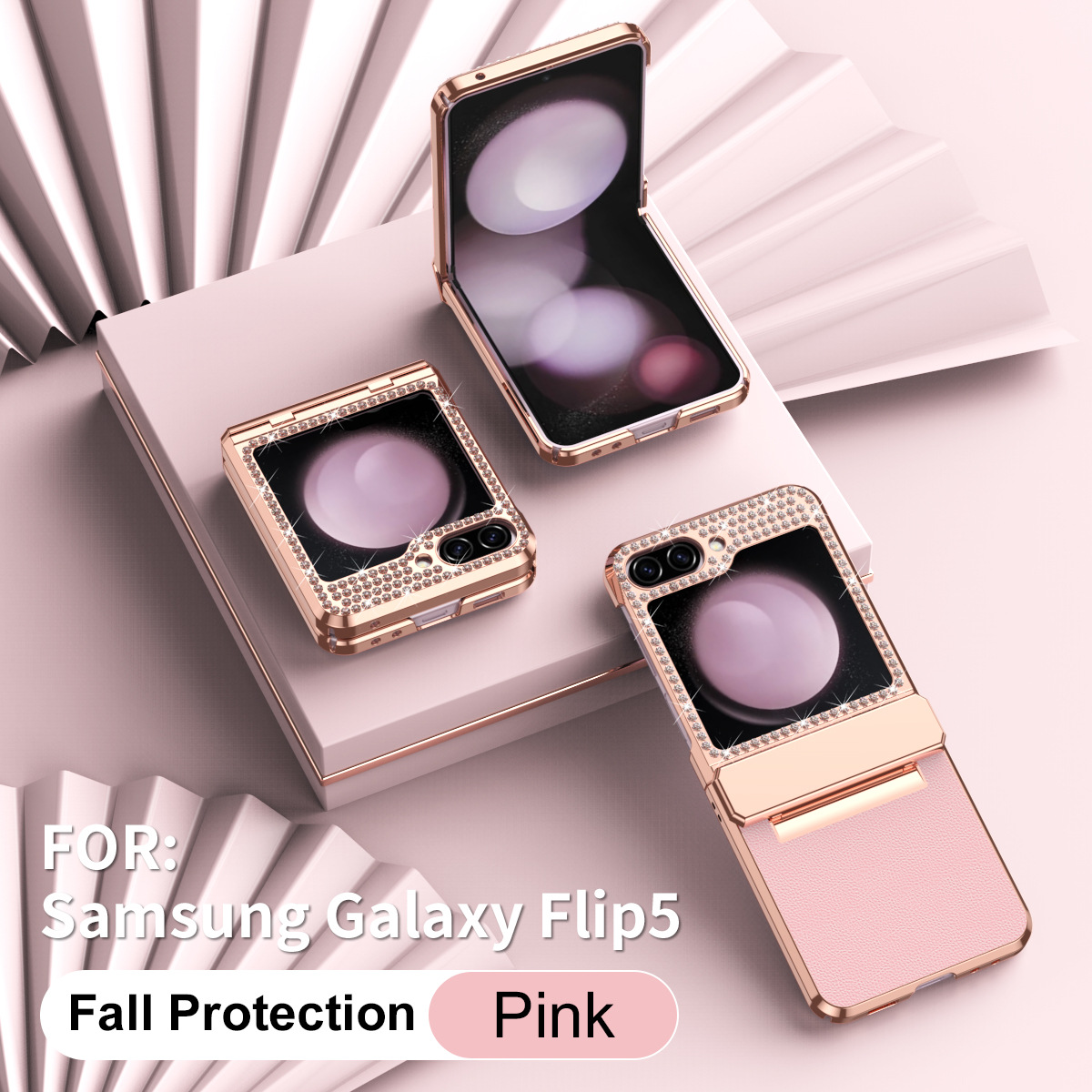 Compatible with Samsung ZFlip FE phone case, ZFLIP 6 foldable screen diamond leather hinge full-coverage drop protection leather - Rose Gold Crystal ZFlip6 & ZFlip7FE