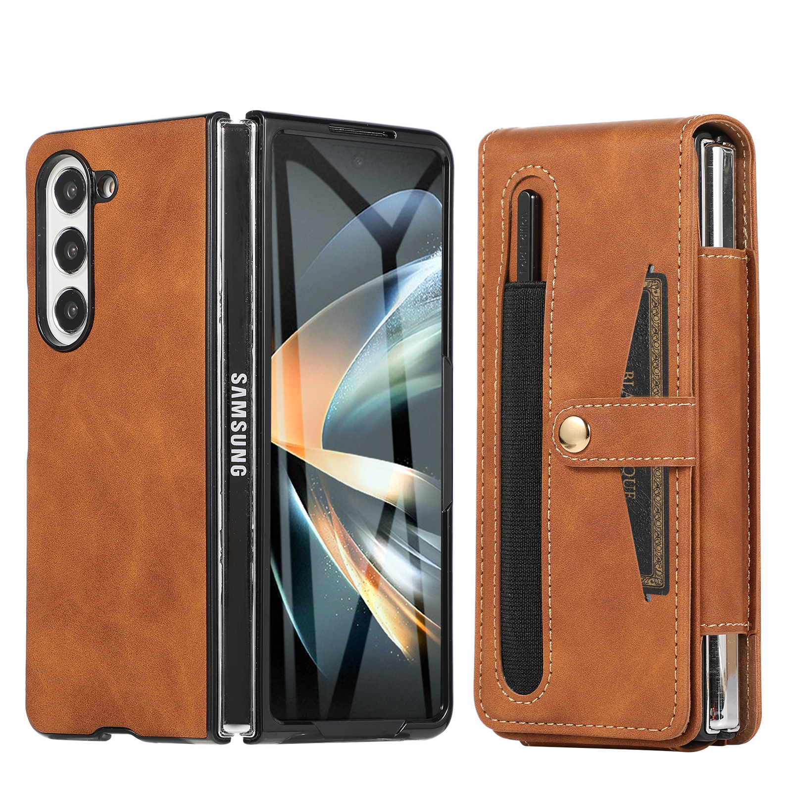 Samsung Fold5 phone case, FOLD4 foldable screen magnetic protective case, solid color outdoor full-coverage anti-drop leather case. - Brown zfold5