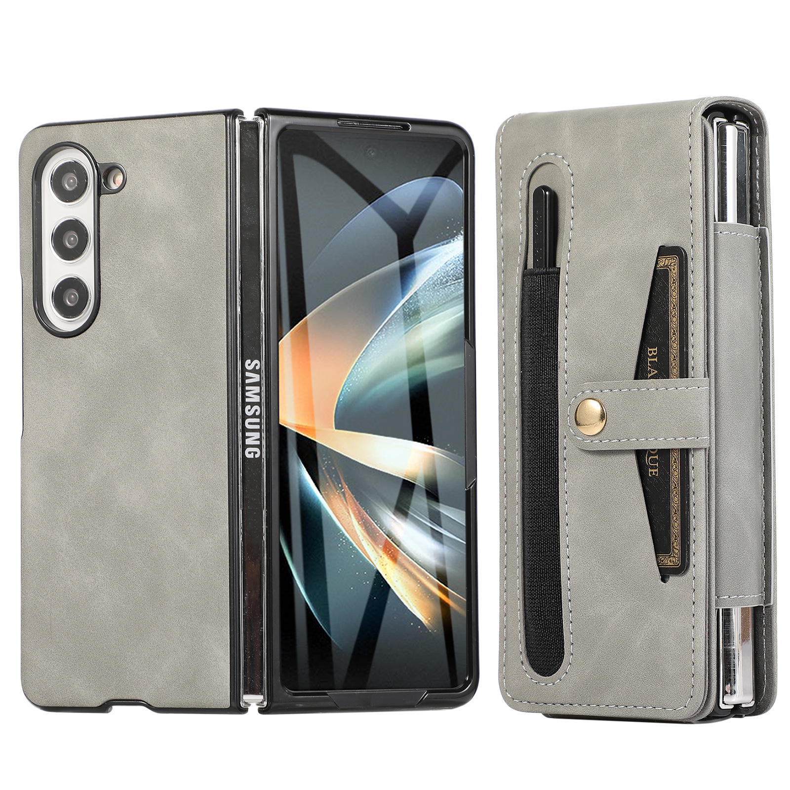 Samsung Fold5 phone case, FOLD4 foldable screen magnetic protective case, solid color outdoor full-coverage anti-drop leather case. - Grey zfold5