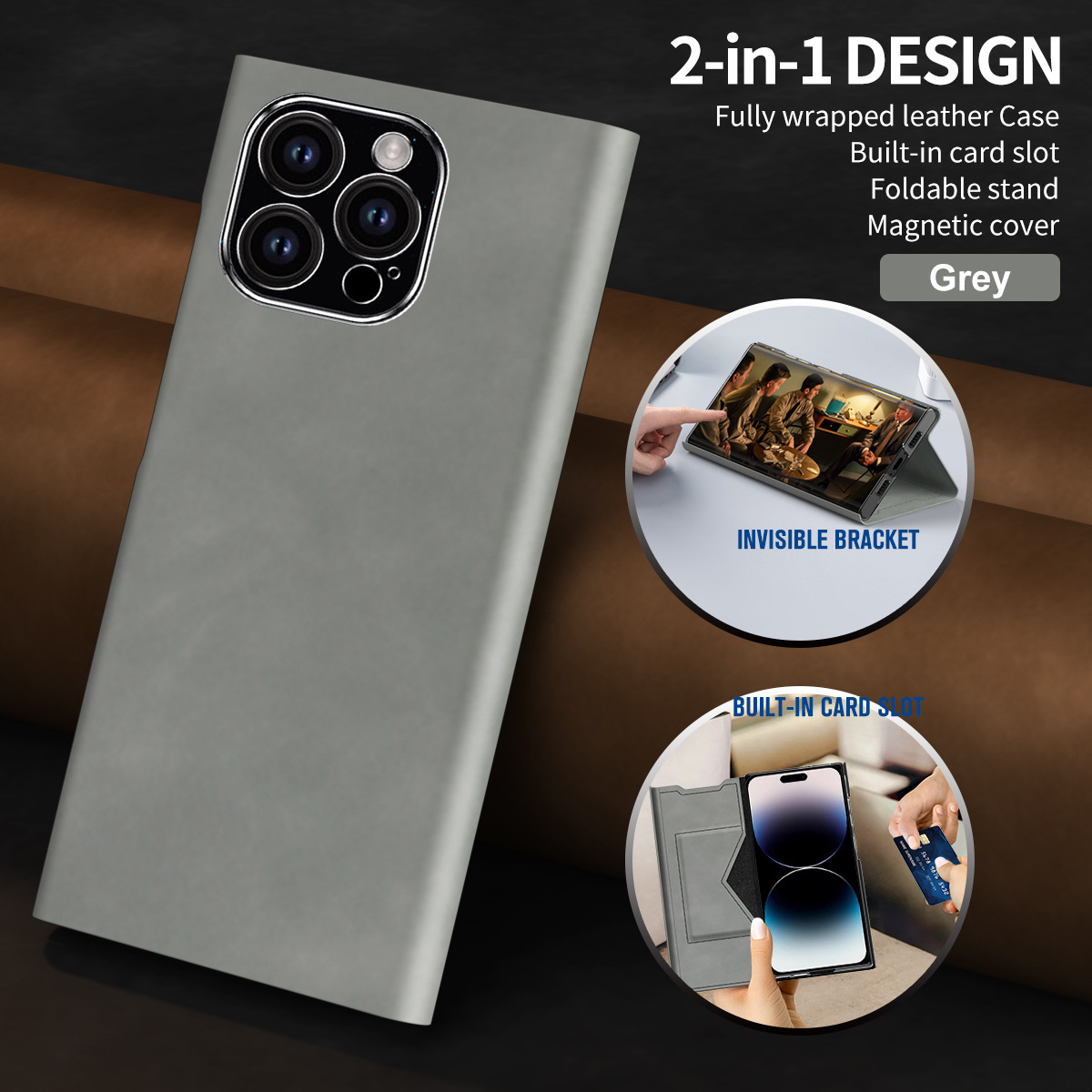 iPhone 15 phone case, 14 Pro leather case, magnetic flip case, 13MAX card holder style drop-proof protective case. - Gray iPhone 15