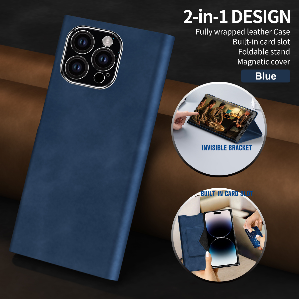 iPhone 15 phone case, 14 Pro leather case, magnetic flip case, 13MAX card holder style drop-proof protective case. - Blue iPhone 15