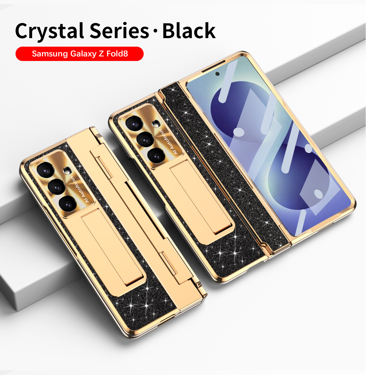 Samsung ZFold 8 phone case, FOLD7 foldable screen, flat hinge, vegan leather full-coverage drop-proof protective case. - Black glitter powder Samsung FOLD8 Ultra