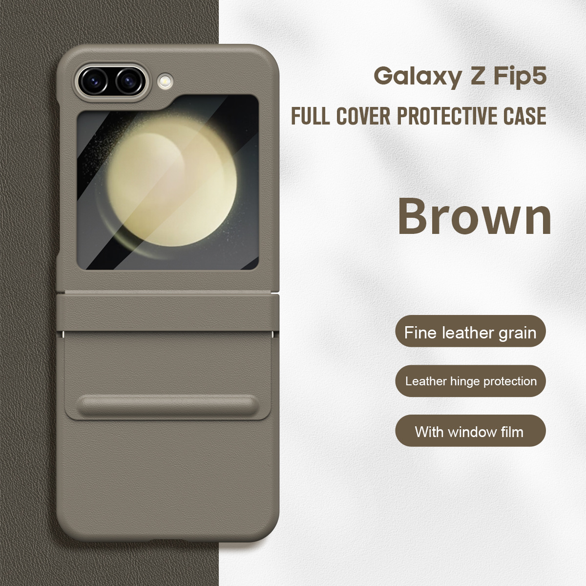 Samsung ZFlip 5 phone case, FLIP foldable screen, leather hinge, full-coverage case, integrated screen protector, drop-proof protective case. - Light brown premium leather with protective film Z Flip 6
