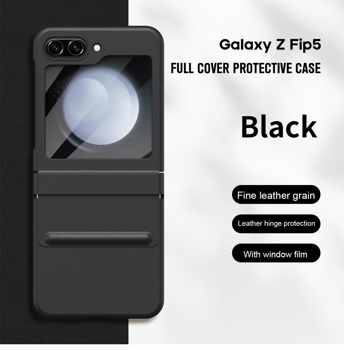 Samsung ZFlip 5 phone case, FLIP foldable screen, leather hinge, full-coverage case, integrated screen protector, drop-proof protective case. - Black premium leather with protective film Z Flip 6