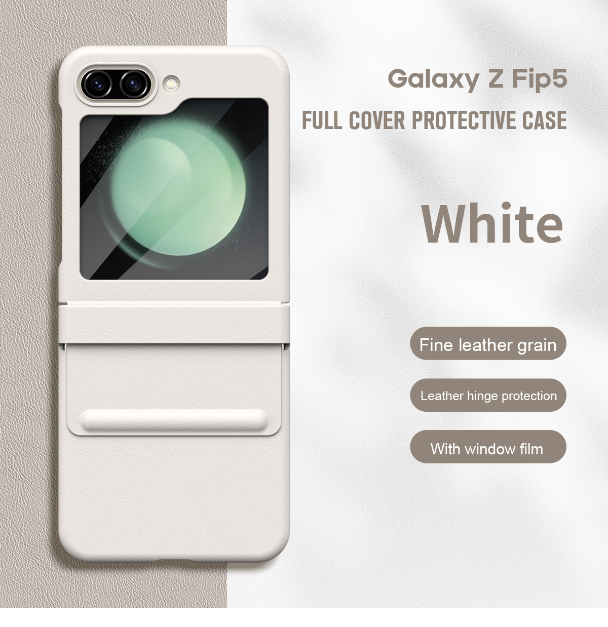 Samsung ZFlip 5 phone case, FLIP foldable screen, leather hinge, full-coverage case, integrated screen protector, drop-proof protective case. - Off-white premium leather with film Z Flip 6