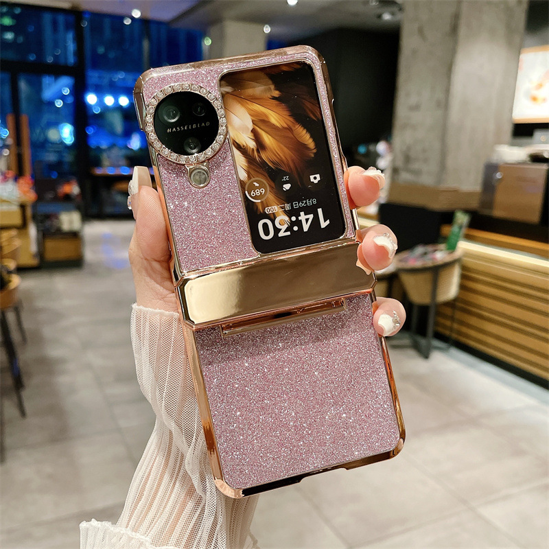 Compatible with OPPO Find N3 Flip phone case, glittery leather N3FLIP full-coverage hinge case, drop-proof protective case. - Pink glitter OPPO Find N3 Flip