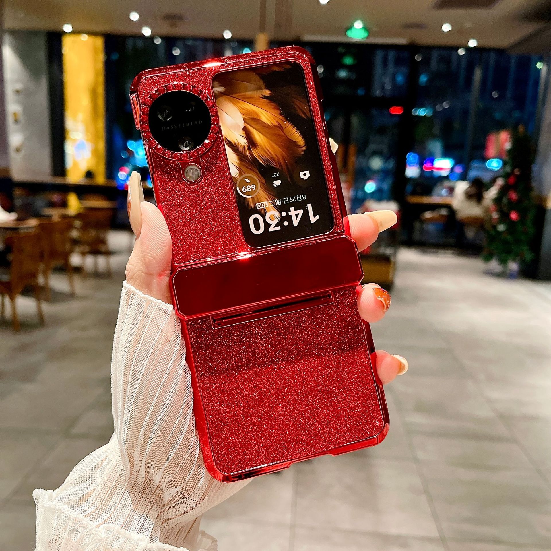 Compatible with OPPO Find N3 Flip phone case, glittery leather N3FLIP full-coverage hinge case, drop-proof protective case. - Red glitter powder OPPO find N3flip