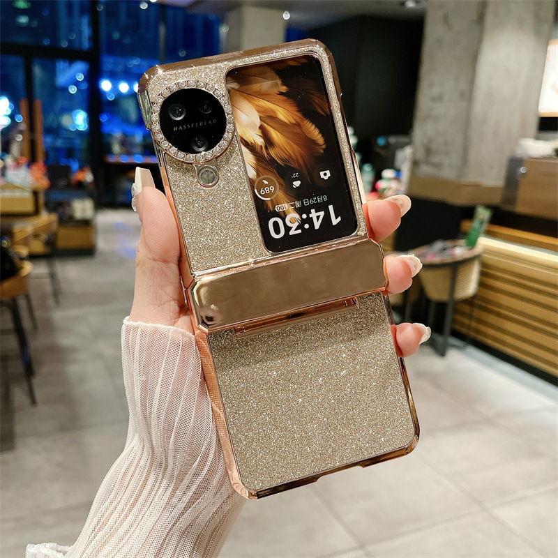 Compatible with OPPO Find N3 Flip phone case, glittery leather N3FLIP full-coverage hinge case, drop-proof protective case. - Golden glitter OPPO Find N3 Flip