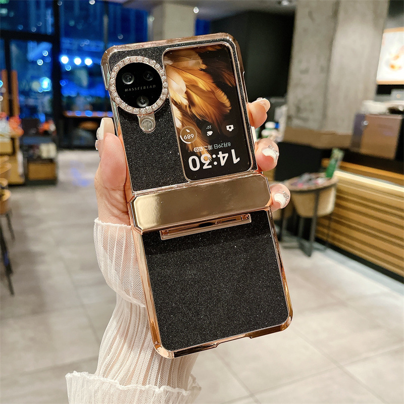 Compatible with OPPO Find N3 Flip phone case, glittery leather N3FLIP full-coverage hinge case, drop-proof protective case. - Black glitter powder OPPO Find N3 Flip