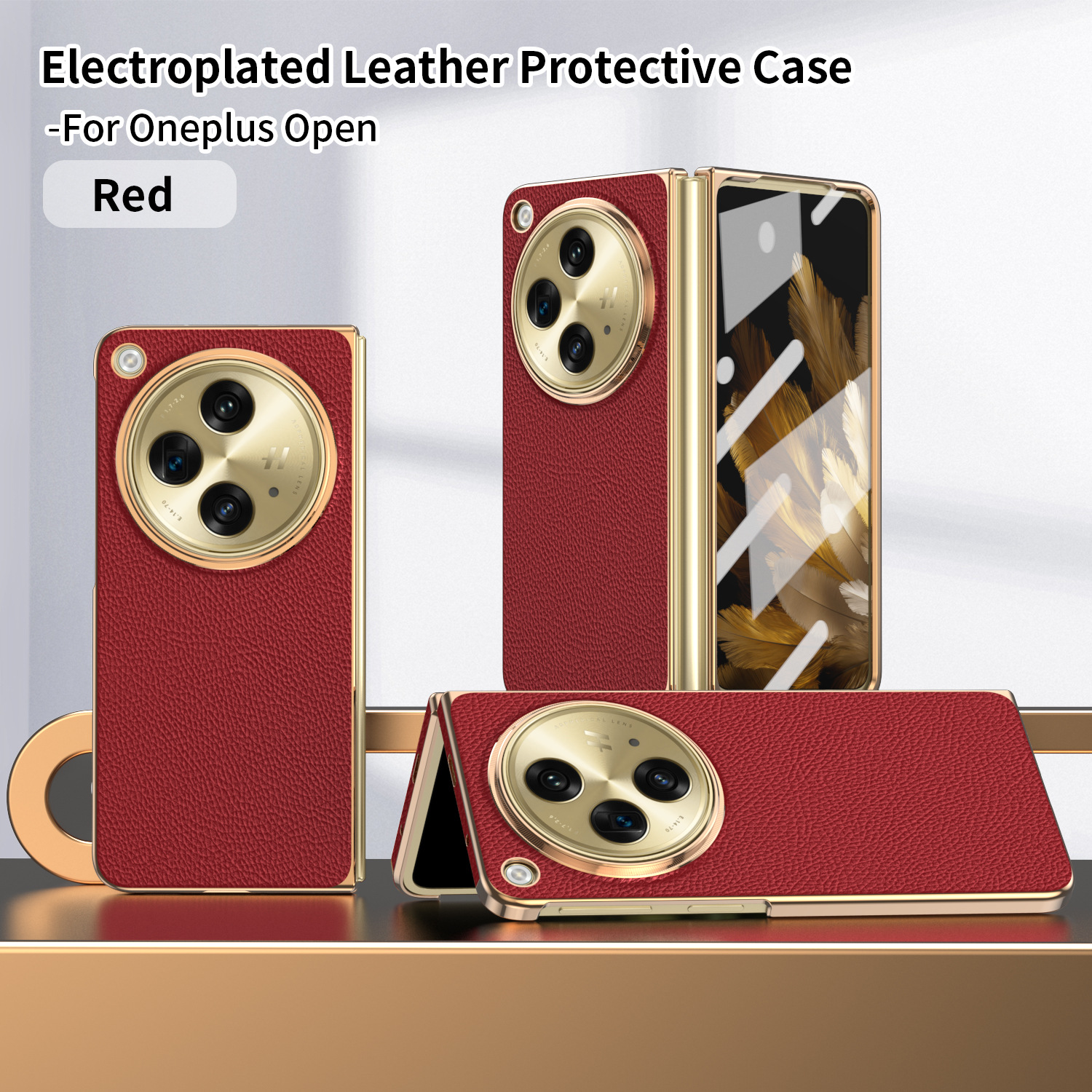 Suitable for OnePlus Open foldable phone case, screen protector, electroplated leather, stand, drop protection - Red two-piece set OneplusOpen