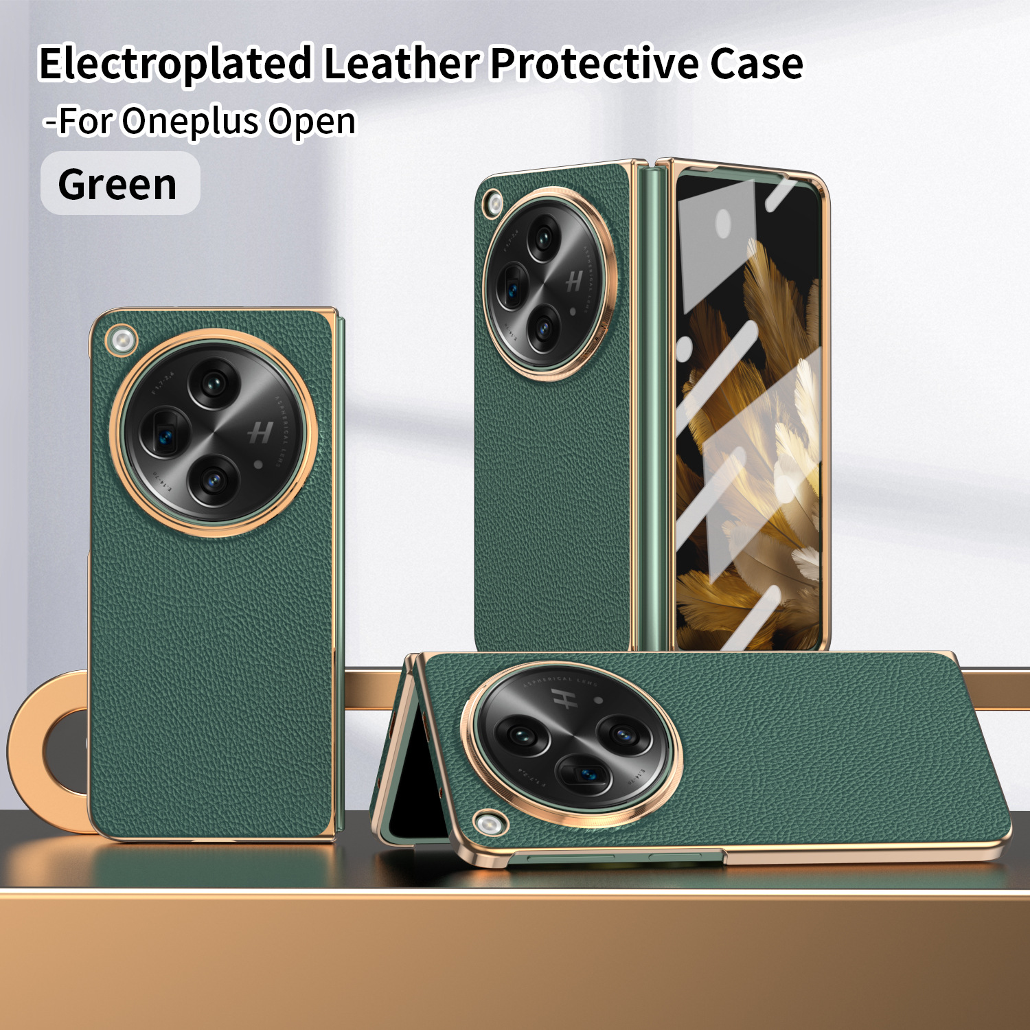 Suitable for OnePlus Open foldable phone case, screen protector, electroplated leather, stand, drop protection - Green two-piece set OneplusOpen