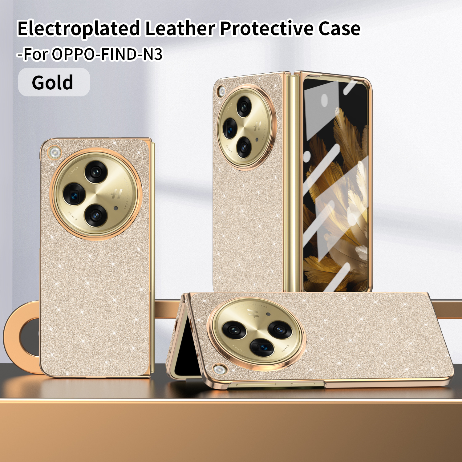 Compatible with OPPO Find N3 foldable phone case, FINDN3 case and screen protector, glittery leather, drop-proof protective case - Golden glitter powder OPPO Find N3