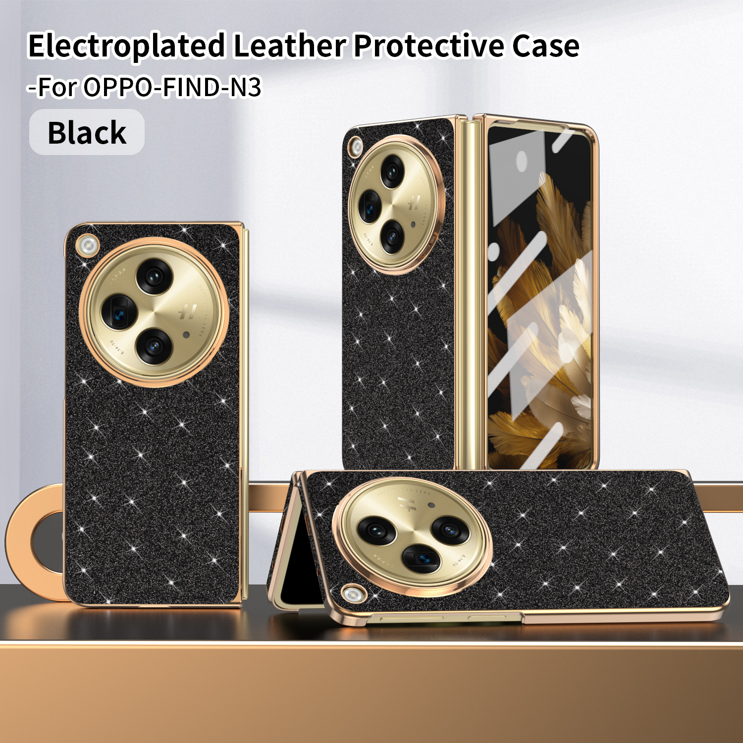 Compatible with OPPO Find N3 foldable phone case, FINDN3 case and screen protector, glittery leather, drop-proof protective case - Black glitter powder OPPO Find N3