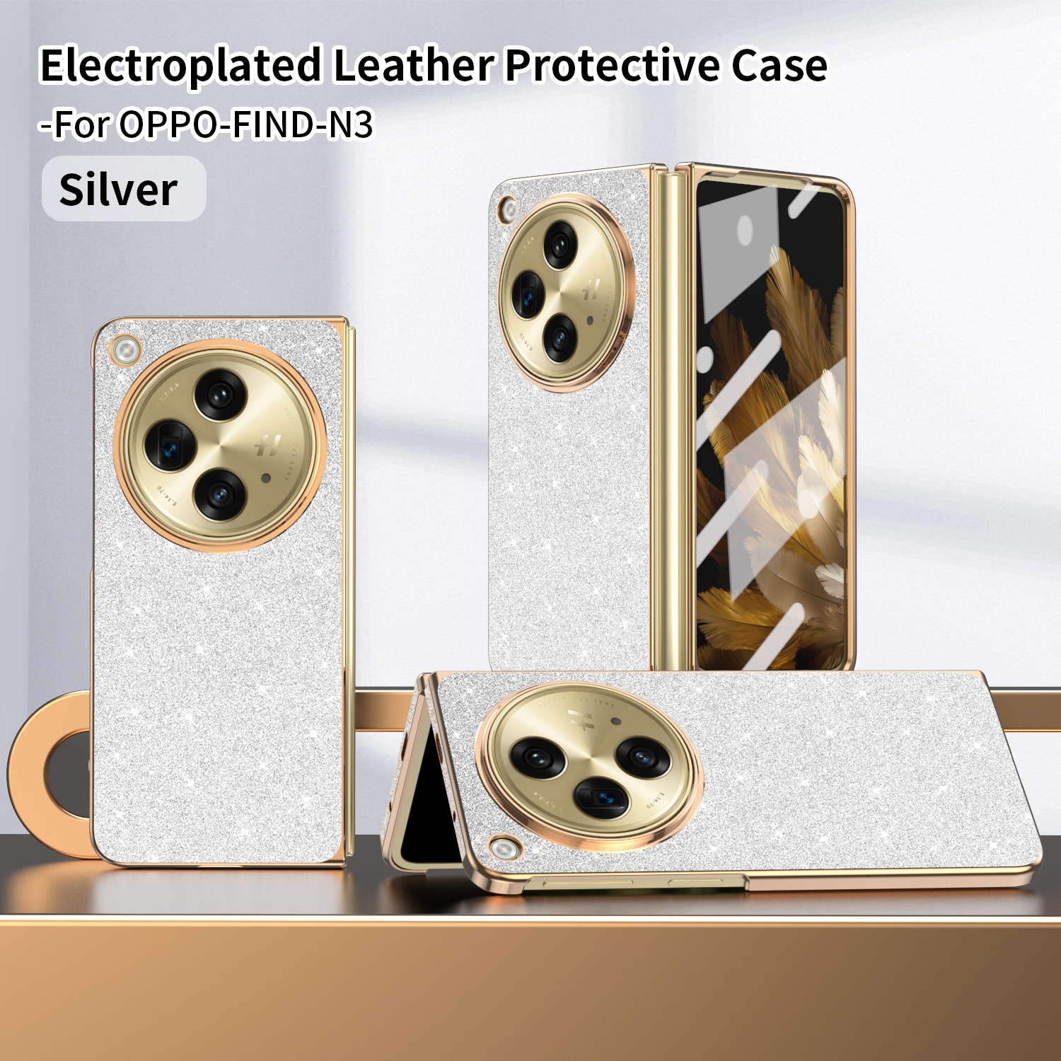 Compatible with OPPO Find N3 foldable phone case, FINDN3 case and screen protector, glittery leather, drop-proof protective case - Silver glitter powder OPPO Find N3