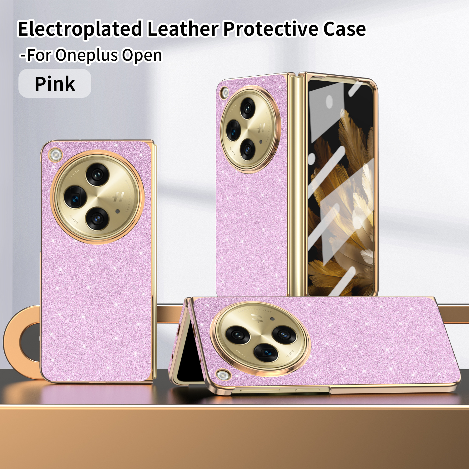 Suitable for OnePlus Open foldable phone case and screen protector, integrated electroplated glitter leather drop-proof protective case - Pink Glitter OneplusOpen