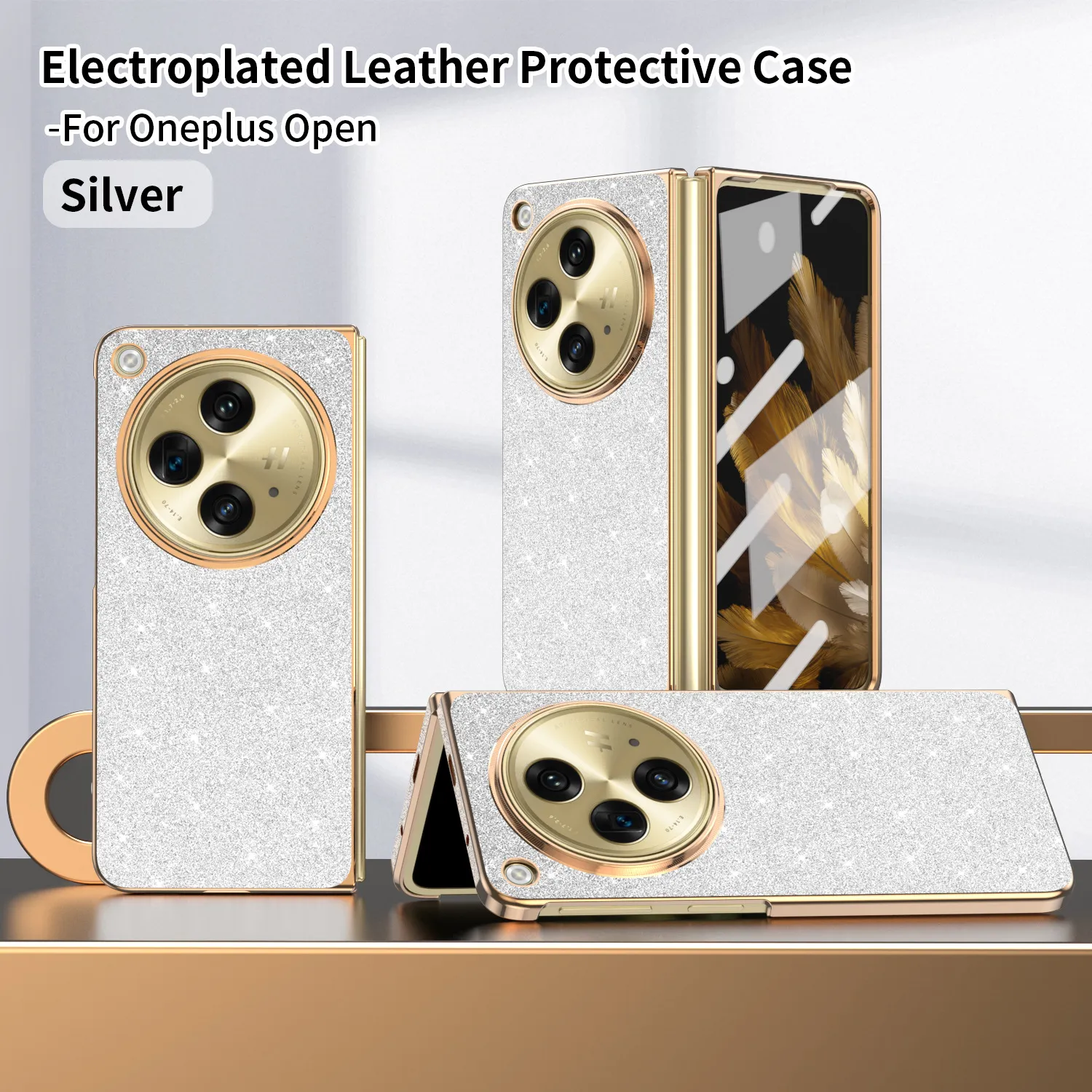 Suitable for OnePlus Open foldable phone case and screen protector, integrated electroplated glitter leather drop-proof protective case - White glitter powder OneplusOpen