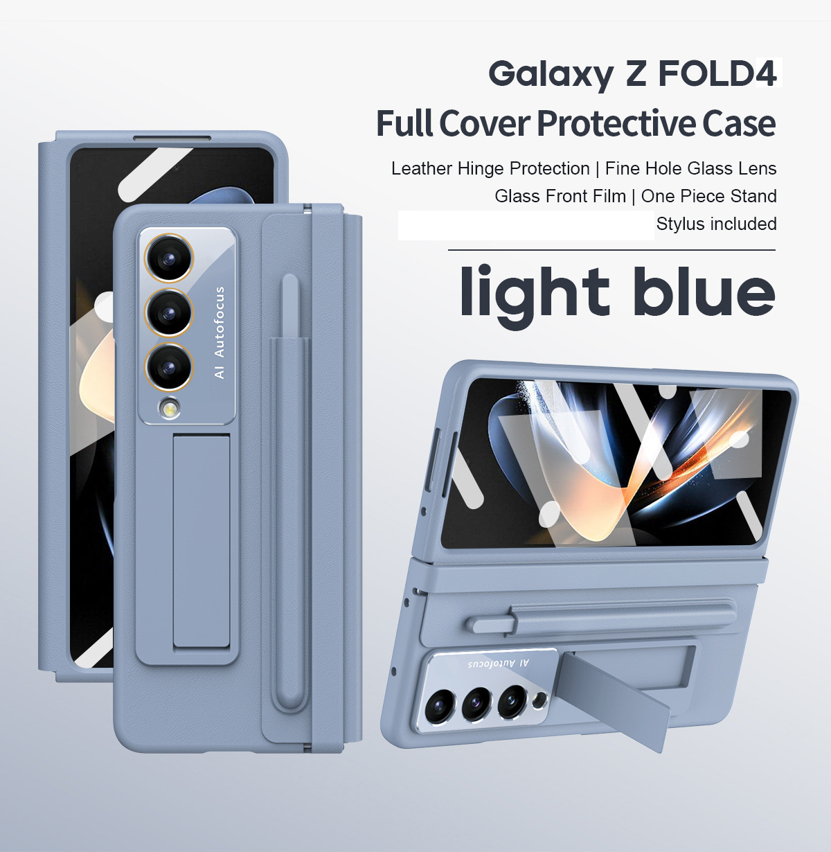Samsung Fold5 phone case, FOLD4, foldable screen, leather hinge, pen slot, full-coverage protective case, screen protector in one piece. - Light blue pen slot with film Samsung Zfold 6