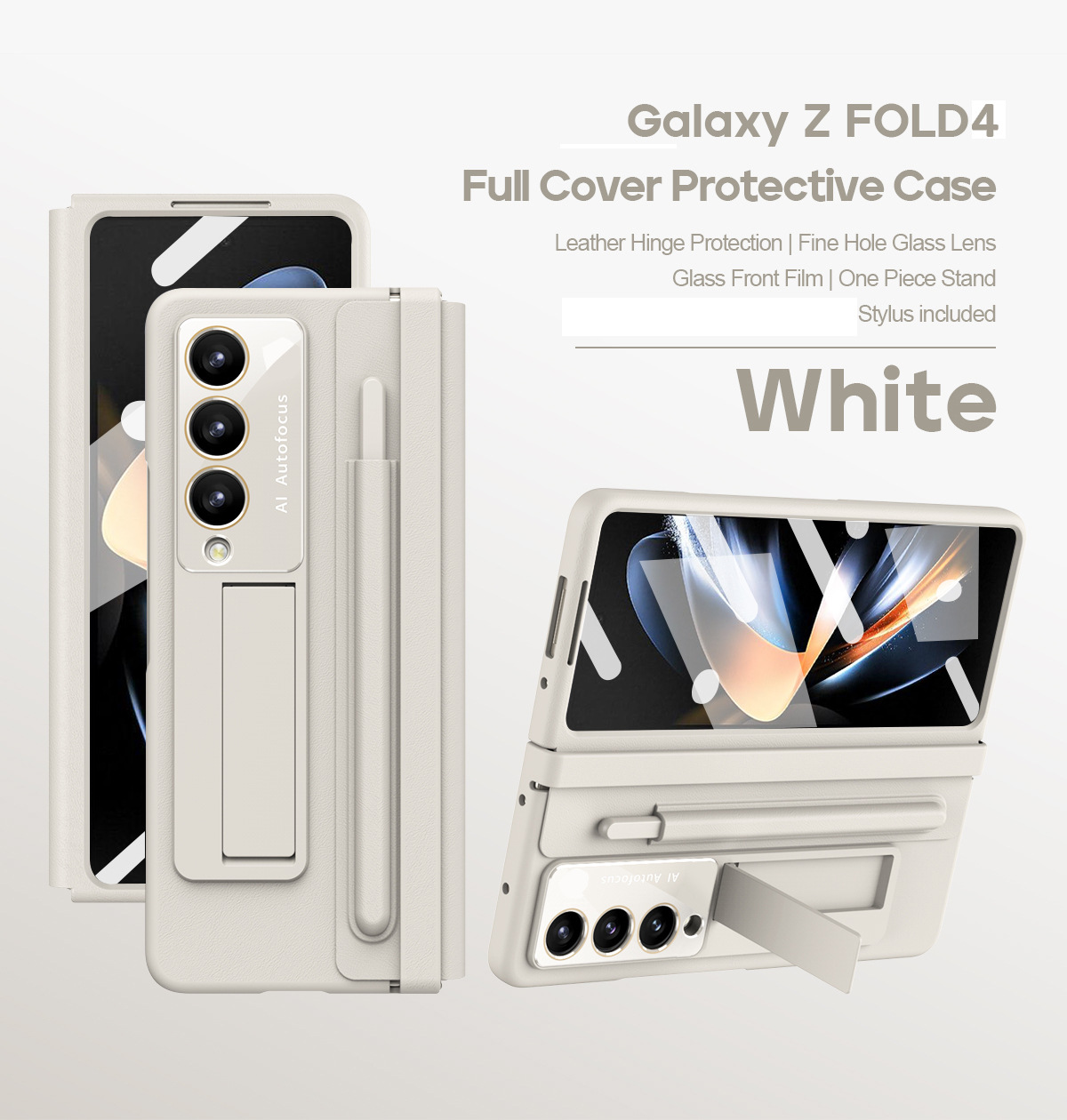 Samsung Fold5 phone case, FOLD4, foldable screen, leather hinge, pen slot, full-coverage protective case, screen protector in one piece. - Off-white pen slot with film Samsung Zfold6