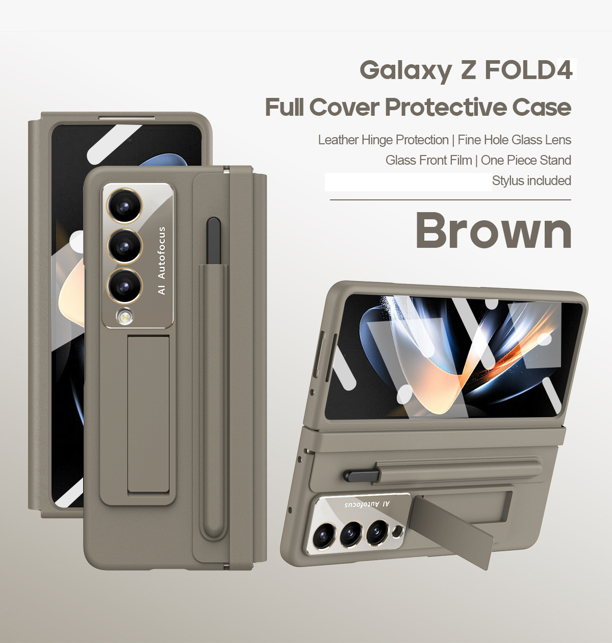 Samsung Fold5 phone case, FOLD4, foldable screen, leather hinge, pen slot, full-coverage protective case, screen protector in one piece. - Light brown pen slot with film Samsung Zfold 6