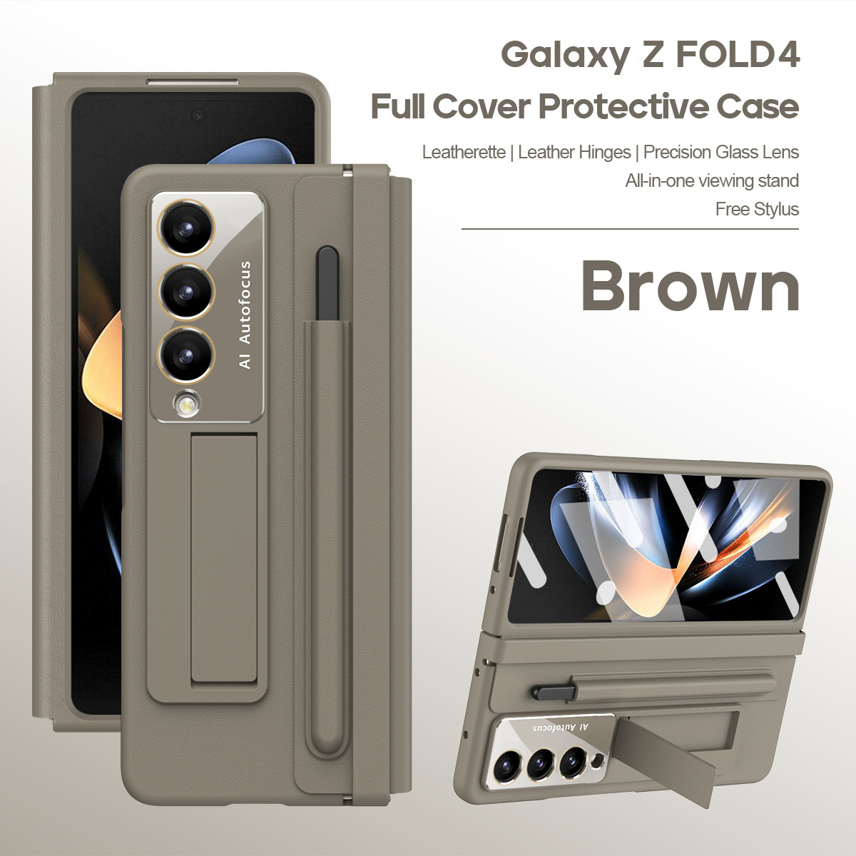 Samsung Fold5 phone case, FOLD4, foldable screen, leather hinge, pen slot, full-coverage protective case, screen protector in one piece. - Light brown non-coated pen groove Samsung Zfold 6