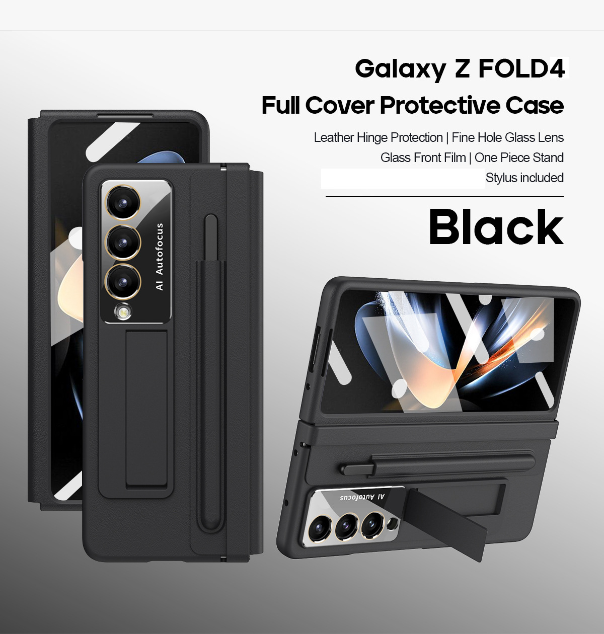 Samsung Fold5 phone case, FOLD4, foldable screen, leather hinge, pen slot, full-coverage protective case, screen protector in one piece. - Black pen slot with film Samsung Zfold6