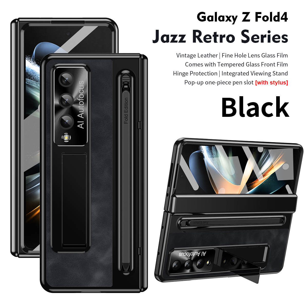 Compatible Samsung Zfold 5 phone case FOLD4 folding official pen slot case film integrated full-coverage anti-drop protective case - Black Jazz Z Fold 6