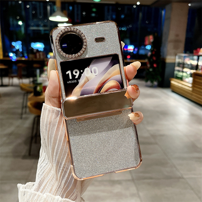 Compatible with vivo x Flip phone case, X FLIP foldable screen protective case, glitter diamond vegan leather, full coverage, drop protection. - Elegant White Glitter Powder VIVO x Flip