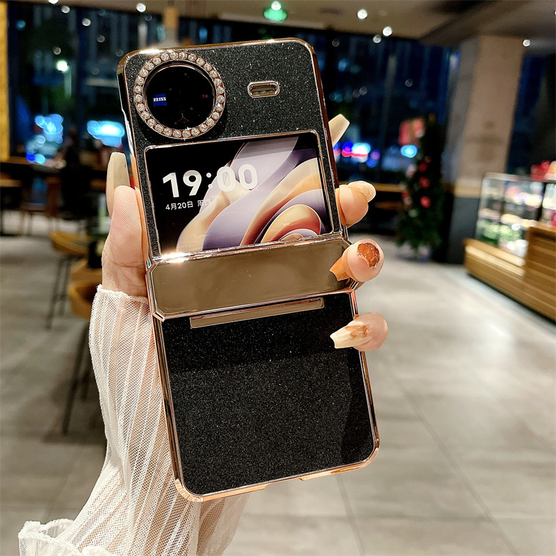 Compatible with vivo x Flip phone case, X FLIP foldable screen protective case, glitter diamond vegan leather, full coverage, drop protection. - Black glitter powder VIVO x flip