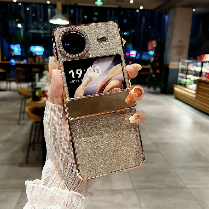 Compatible with vivo x Flip phone case, X FLIP foldable screen protective case, glitter diamond vegan leather, full coverage, drop protection. - Golden glitter VIVO x flip