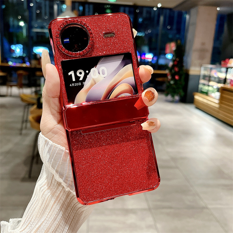 Compatible with vivo x Flip phone case, X FLIP foldable screen protective case, glitter diamond vegan leather, full coverage, drop protection. - Red glitter powder VIVO x flip