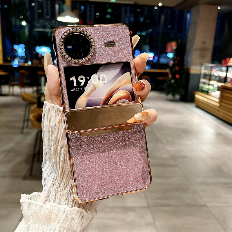 Compatible with vivo x Flip phone case, X FLIP foldable screen protective case, glitter diamond vegan leather, full coverage, drop protection. - Pink glitter VIVO x flip