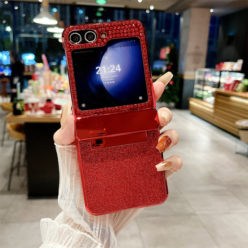 Compatible with Samsung ZFlip 6 phone case, ZFLIP 5 foldable screen diamond leather hinge full-coverage drop-proof protective case - Red Glitter Samsung ZFlip 6